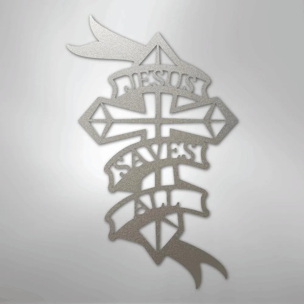Silver metal wall art featuring a cross with "Jesus Saves All" in a banner design.