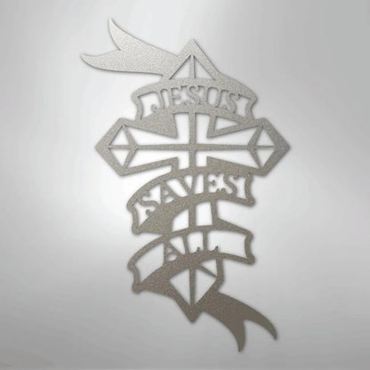 Silver metal wall art featuring a cross with "Jesus Saves All" in a banner design.