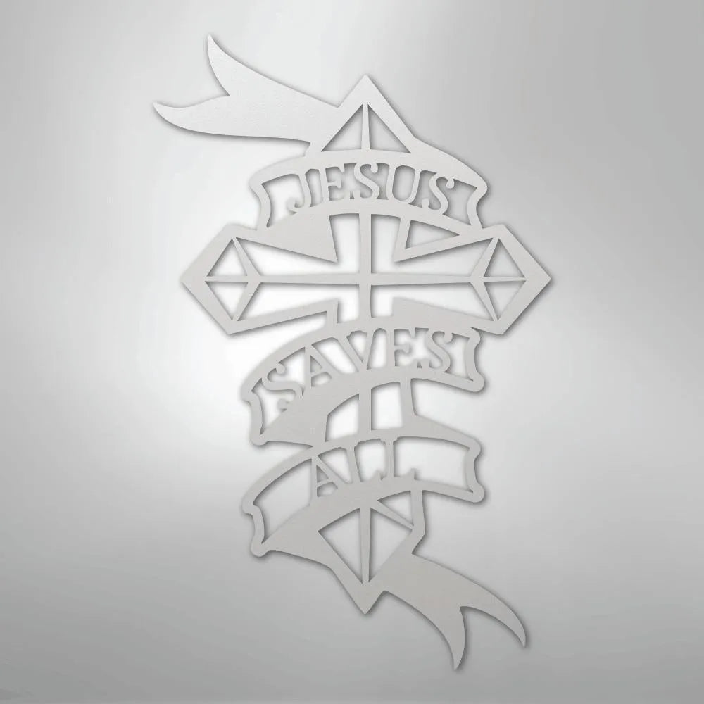 White metal wall art featuring a cross with "Jesus Saves All" on a banner.