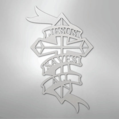 White metal wall art featuring a cross with "Jesus Saves All" on a banner.