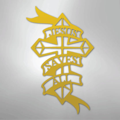 Gold metal wall art with "Jesus Saves All" text on a cross and banner design.