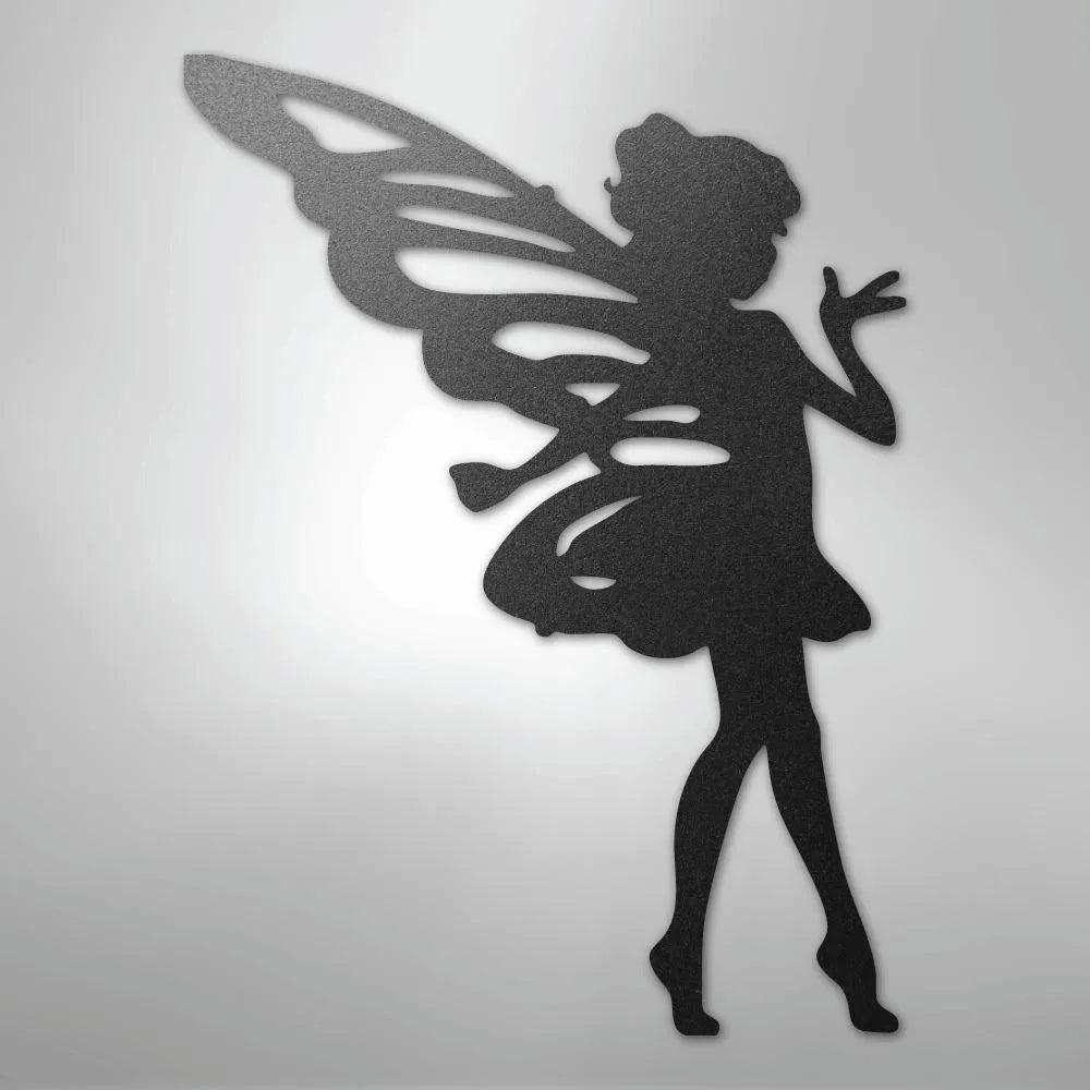 Black metal wall art silhouette of a pixie fairy with wings, ideal for indoor or outdoor decor.