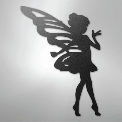 Black metal wall art silhouette of a pixie fairy with wings, ideal for indoor or outdoor decor.