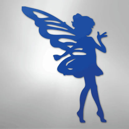 Blue metal wall art silhouette of a sassy pixie fairy with detailed wings, skirt, and flowing hair.