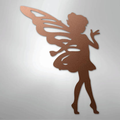 Rose gold metal wall art of a sassy pixie with detailed wings, skirt, and flowing hair.