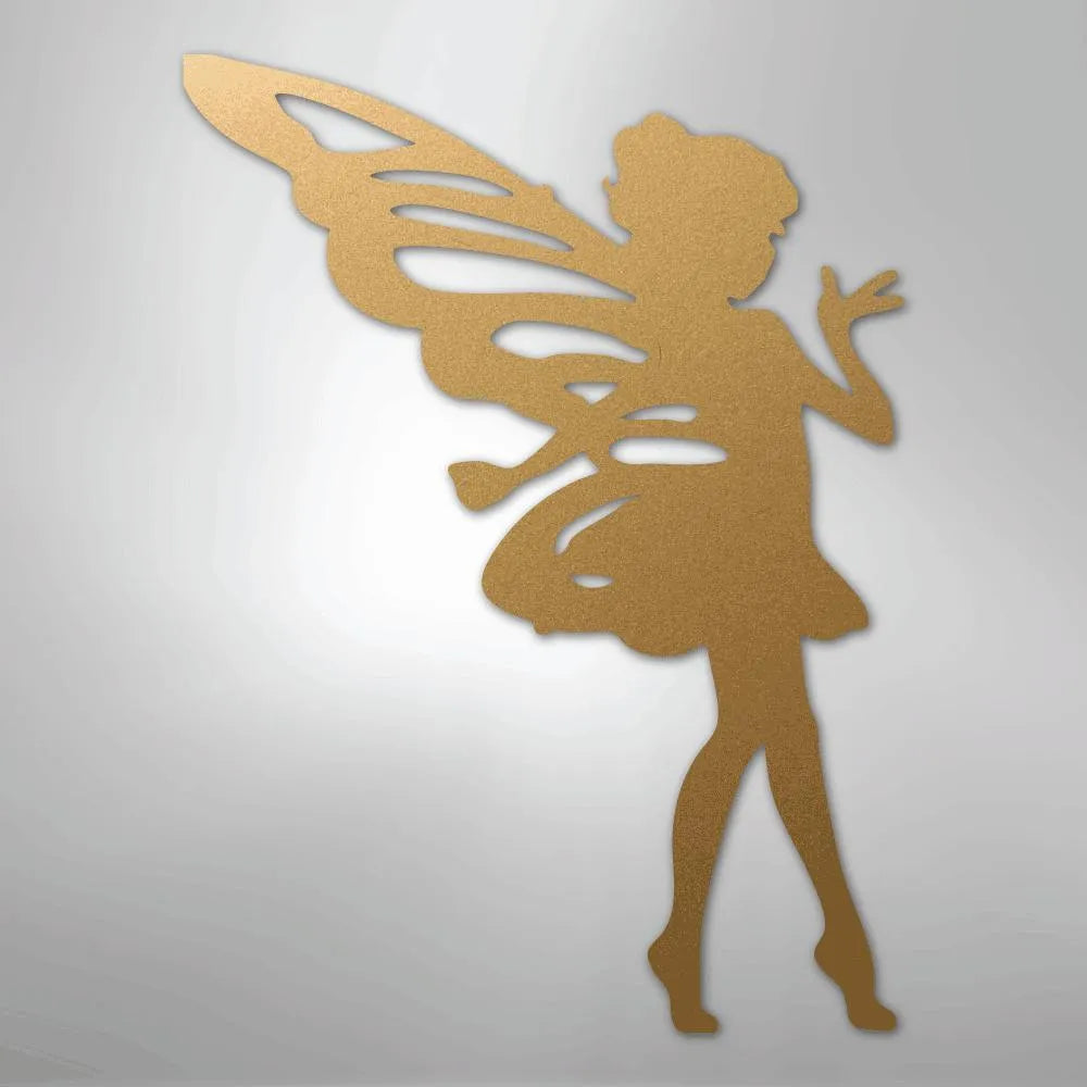 Sassy Pixie gold metal wall art silhouette with wings and a skirt, designed for indoor or outdoor decor.