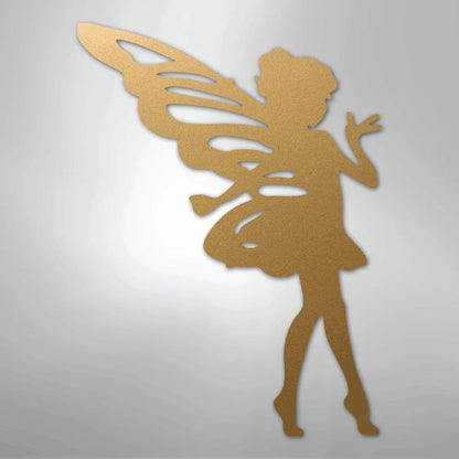 Sassy Pixie gold metal wall art silhouette with wings and a skirt, designed for indoor or outdoor decor.