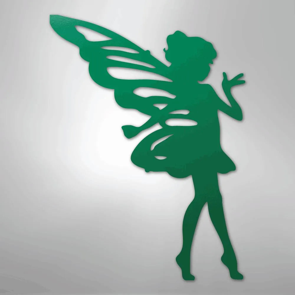 Green metal wall art silhouette of a pixie fairy with wings, ideal for indoor or outdoor decor.