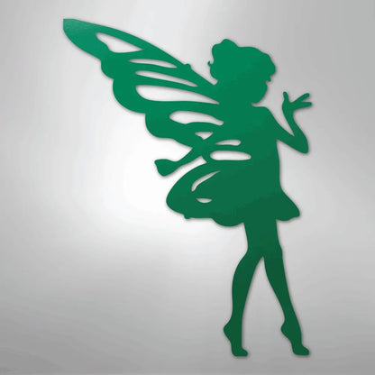 Green metal wall art silhouette of a pixie fairy with wings, ideal for indoor or outdoor decor.
