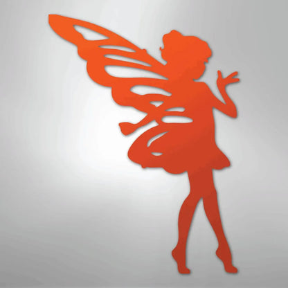 Orange metal wall art silhouette of a sassy pixie with wings, ideal for indoor or outdoor decor.