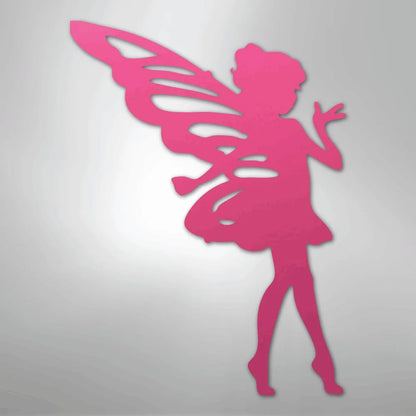 Pink metal wall art silhouette of a pixie fairy with wings, designed for indoor or outdoor use.