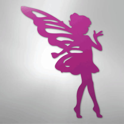 Pink metal wall art silhouette of a pixie with flowing hair, a short dress, and large, detailed wings.
