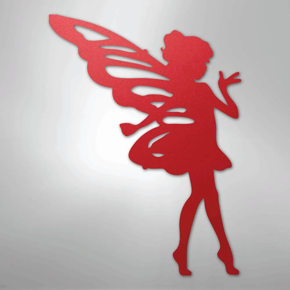 Red metal wall art silhouette of a sassy pixie with delicate wings and a flowing skirt.