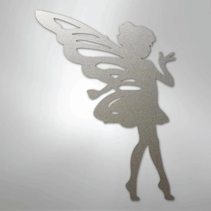 Sparkly silver metal wall art shaped like a sassy pixie with wings, made from American steel.