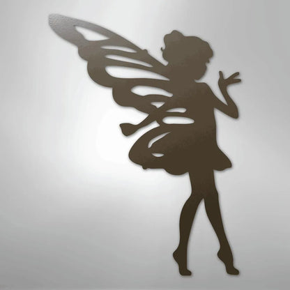 Brown metal wall art silhouette of a pixie with wings, perfect for indoor or outdoor decor.