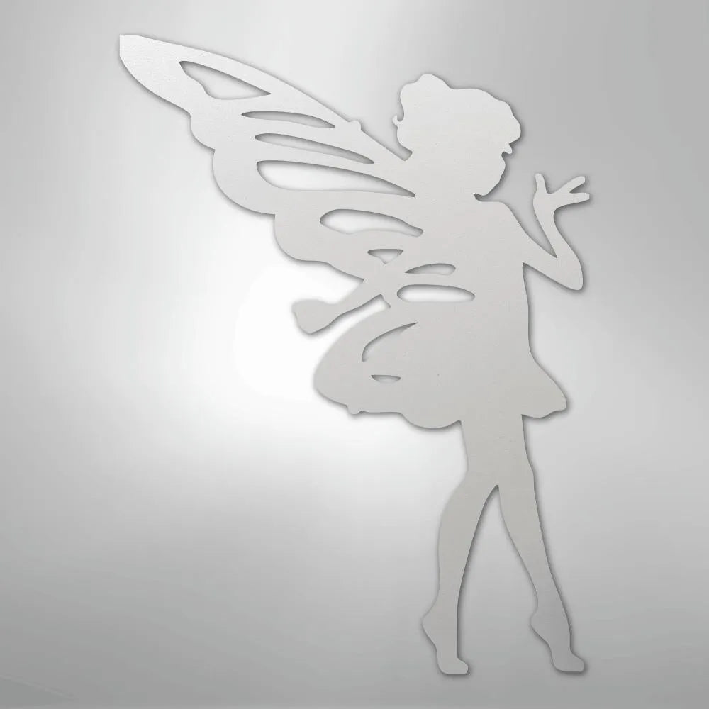 White metal fairy silhouette wall art with delicate wings and a flowing skirt design.