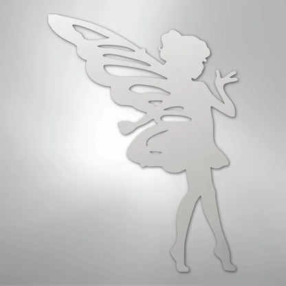 White metal fairy silhouette wall art with delicate wings and a flowing skirt design.
