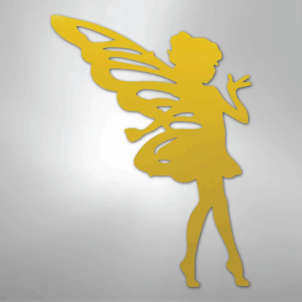 Golden metal pixie wall art silhouette with delicate wings and a playful pose.