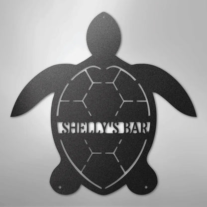 Black metal turtle monogram wall art with "SHELLY'S BAR" cut out, featuring a detailed shell design.