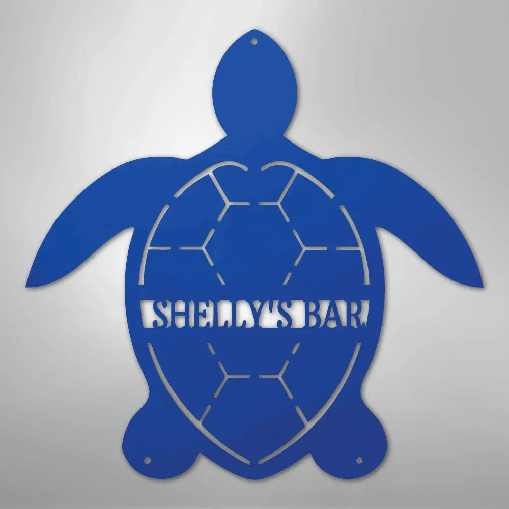 Blue turtle monogram metal wall art with "SHELLY'S BAR" cut out, featuring a powder-coated finish.