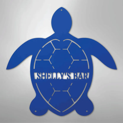 Blue turtle monogram metal wall art with "SHELLY'S BAR" cut out, featuring a powder-coated finish.