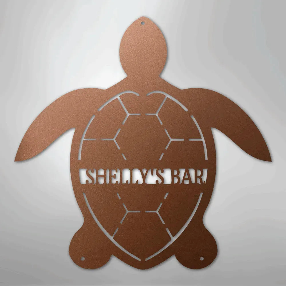 Copper Turtle Monogram Metal Wall Art with "SHELLY'S BAR" cut out, featuring a rust-free finish.