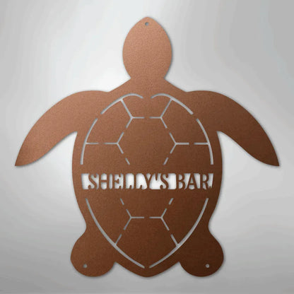 Copper Turtle Monogram Metal Wall Art with "SHELLY'S BAR" cut out, featuring a rust-free finish.