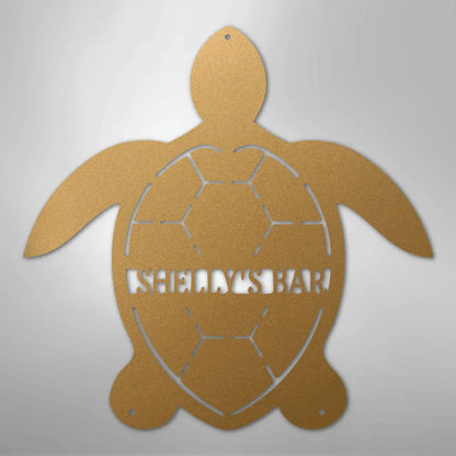 Gold turtle metal wall art with "SHELLY'S BAR" cut out, featuring a powder-coated finish.