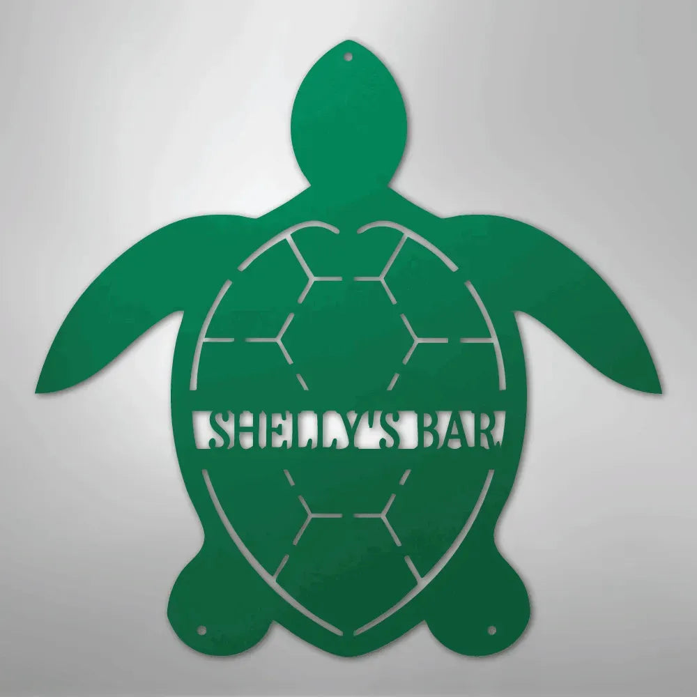 Green metal turtle wall art with "SHELLY'S BAR" cutout, featuring a personalized monogram design.