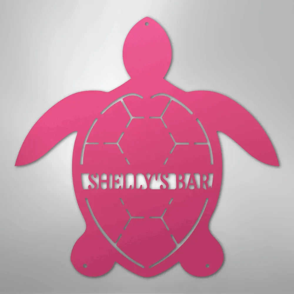 Pink metal turtle wall art with "SHELLY'S BAR" cutout, featuring a honeycomb shell design.