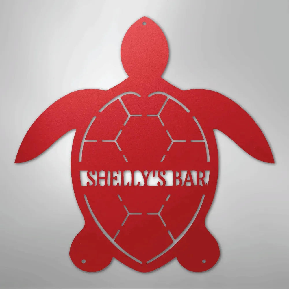 Red powder-coated American steel turtle monogram wall art with "SHELLY'S BAR" cut out.