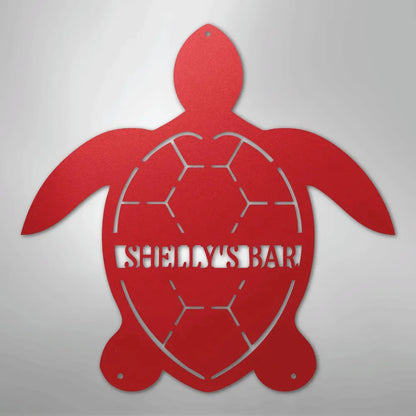 Red powder-coated American steel turtle monogram wall art with "SHELLY'S BAR" cut out.