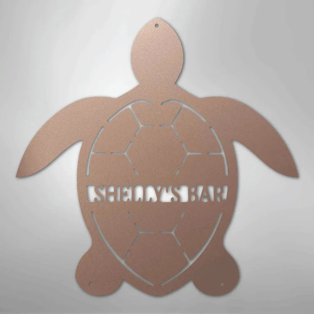 Copper metal turtle monogram wall art with "SHELLY'S BAR" cut out on the shell.