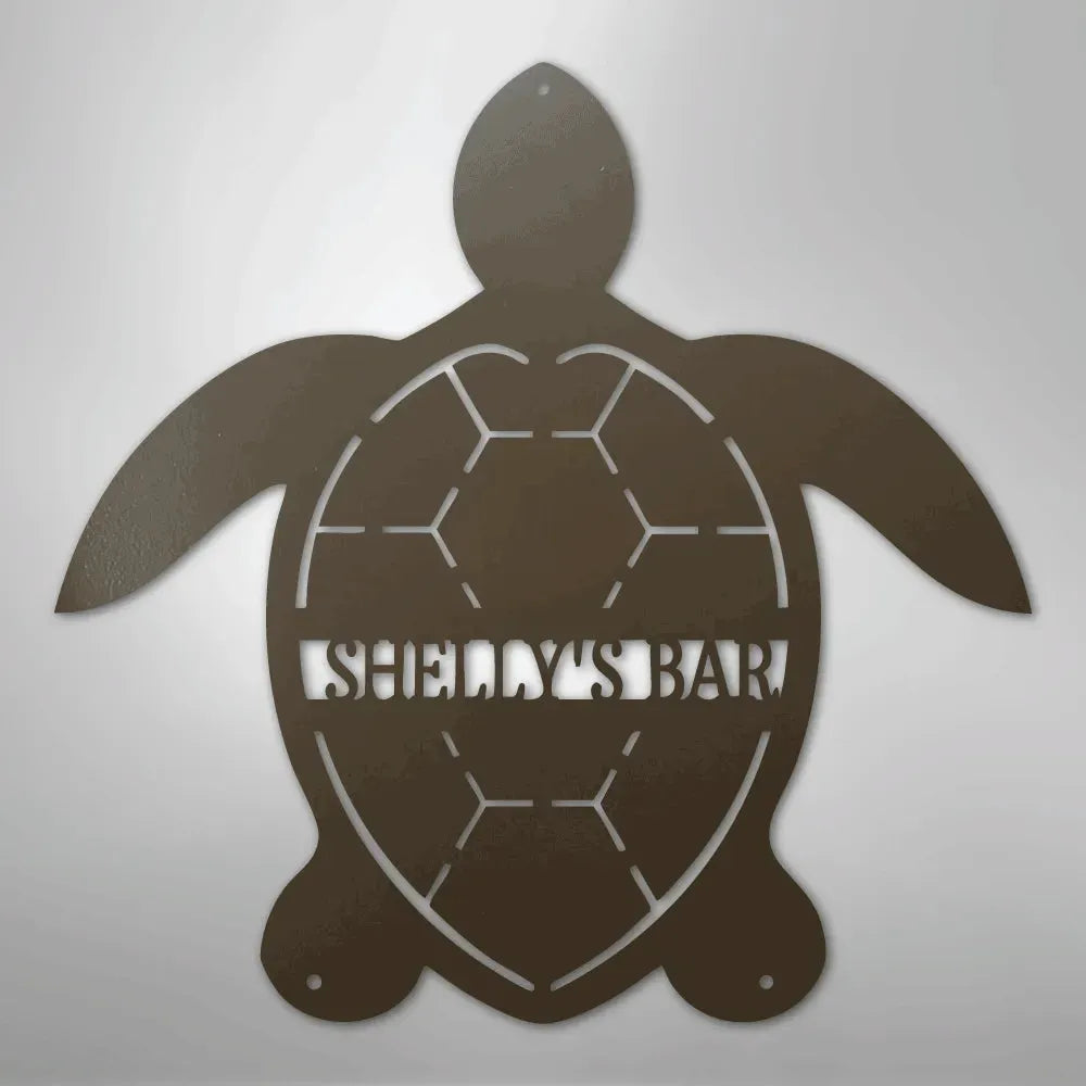 Brown metal turtle wall art with "SHELLY'S BAR" cutout in the shell, featuring a powder-coated finish.