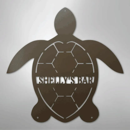 Brown metal turtle wall art with "SHELLY'S BAR" cutout in the shell, featuring a powder-coated finish.