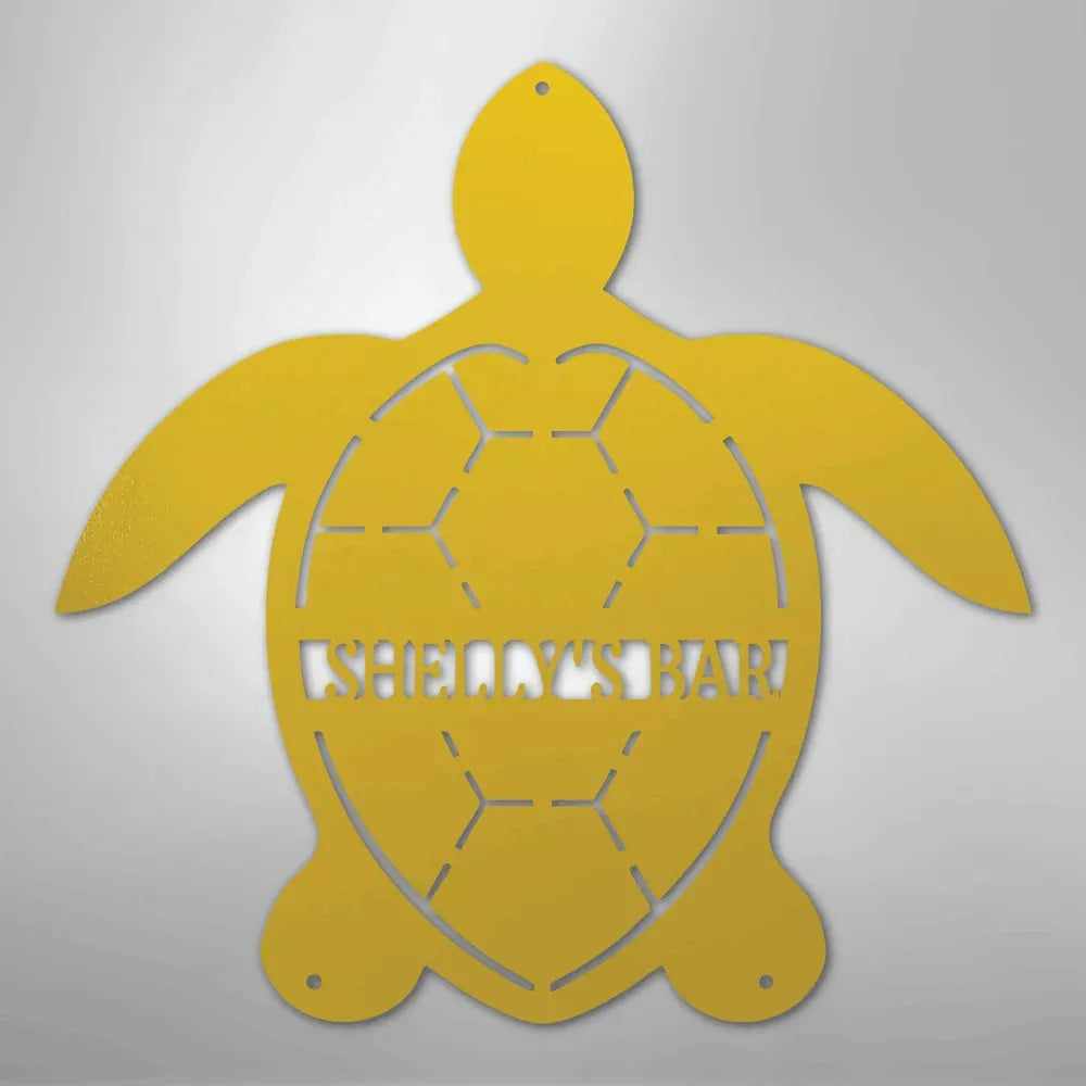 Yellow metal turtle wall art with "SHELLY'S BAR" cut out, featuring a honeycomb shell design.