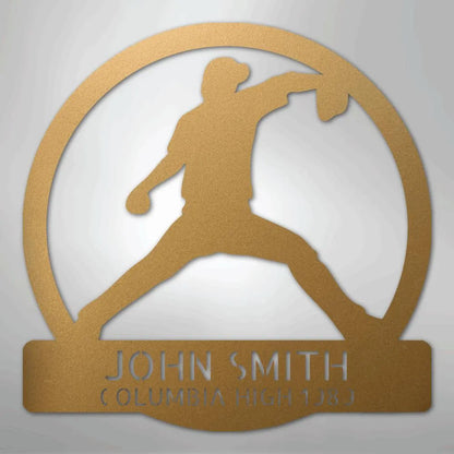 Bronze metal wall art featuring a baseball pitcher silhouette within a circle, personalized with "JOHN SMITH" and "COLUMBIA HIGH 1980".