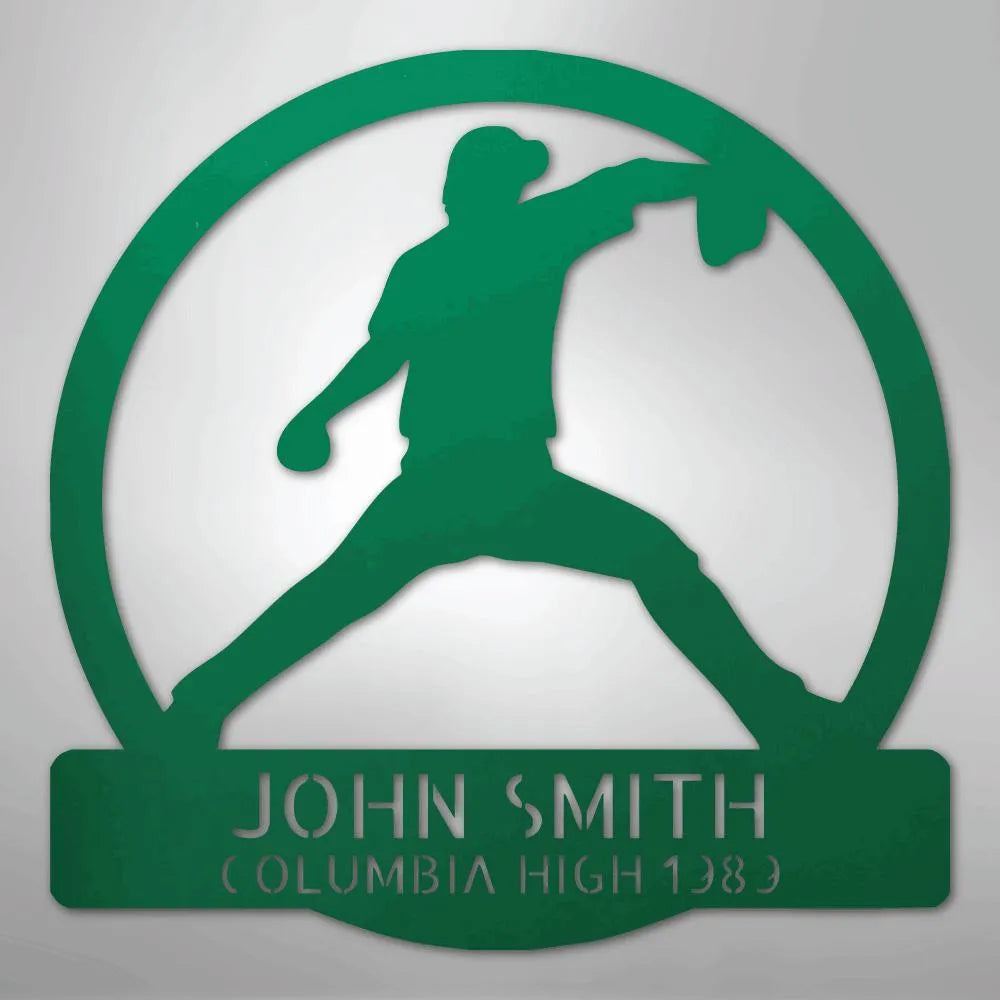 Green metal wall art featuring a baseball pitcher silhouette within a circle, personalized with "JOHN SMITH COLUMBIA HIGH 1989".