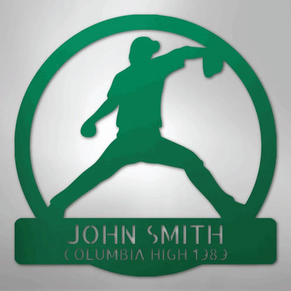Green metal wall art featuring a baseball pitcher silhouette within a circle, personalized with "JOHN SMITH COLUMBIA HIGH 1989".