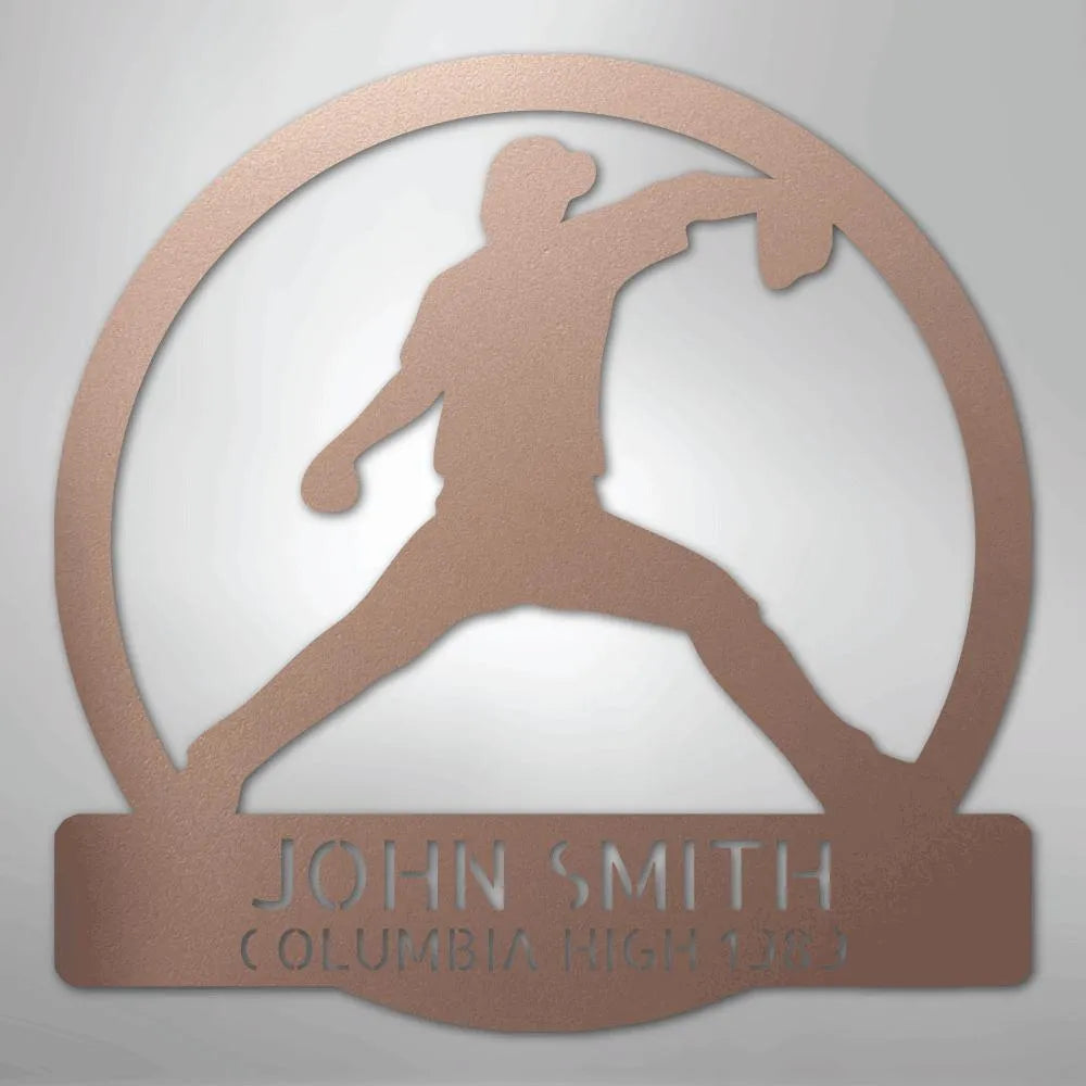 Rose gold metal wall art with a baseball pitcher silhouette, personalized with "JOHN SMITH COLUMBIA HIGH 1985".