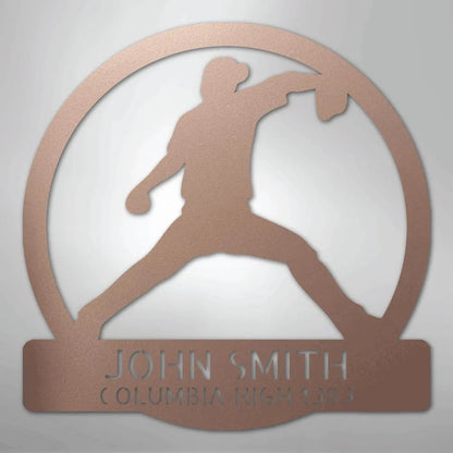 Rose gold metal wall art with a baseball pitcher silhouette, personalized with "JOHN SMITH COLUMBIA HIGH 1985".