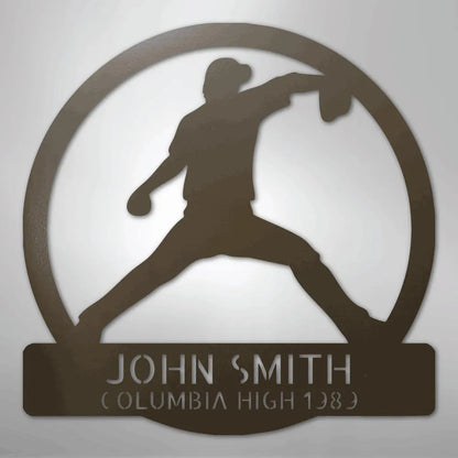 Brown metal wall art featuring a baseball pitcher silhouette within a circle, personalized with "JOHN SMITH COLUMBIA HIGH 1989".