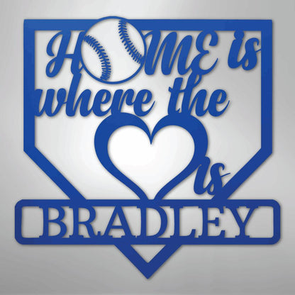 Blue metal baseball home plate sign with "Home is where the heart is" and "BRADLEY" text.