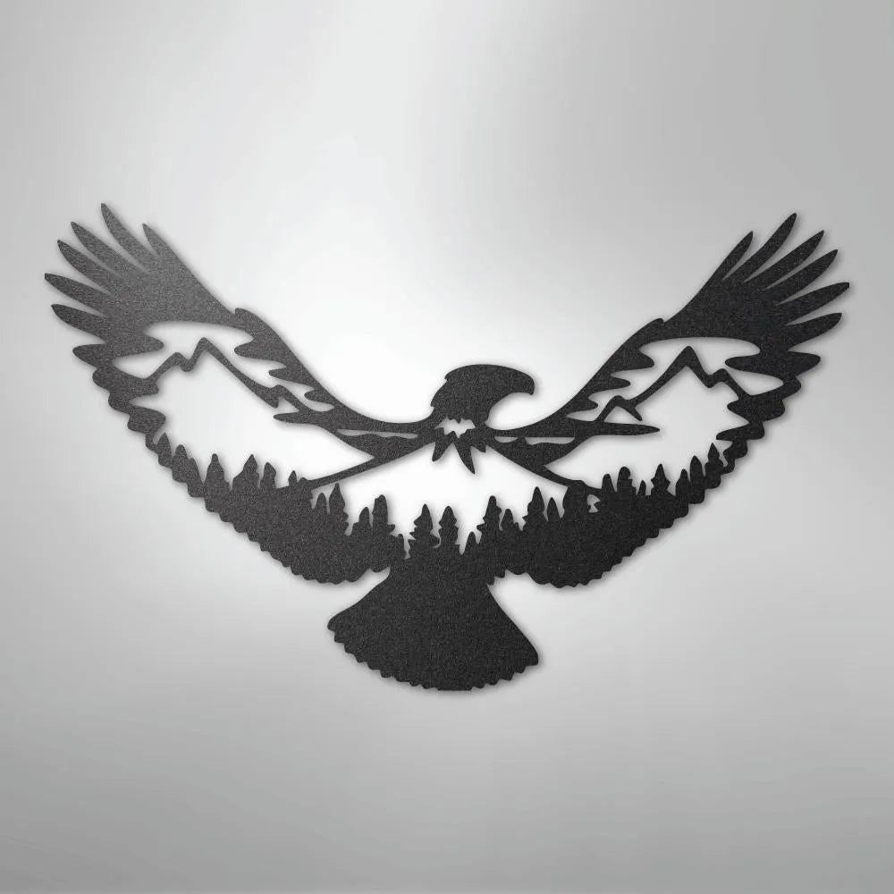 Black powder-coated American steel eagle wall art with mountain and forest silhouette design.