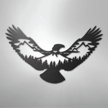 Black powder-coated American steel eagle wall art with mountain and forest silhouette design.