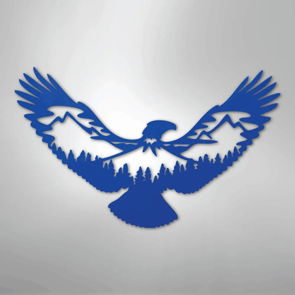 Blue metal wall art featuring an eagle silhouette with mountains and pine trees within its wings.