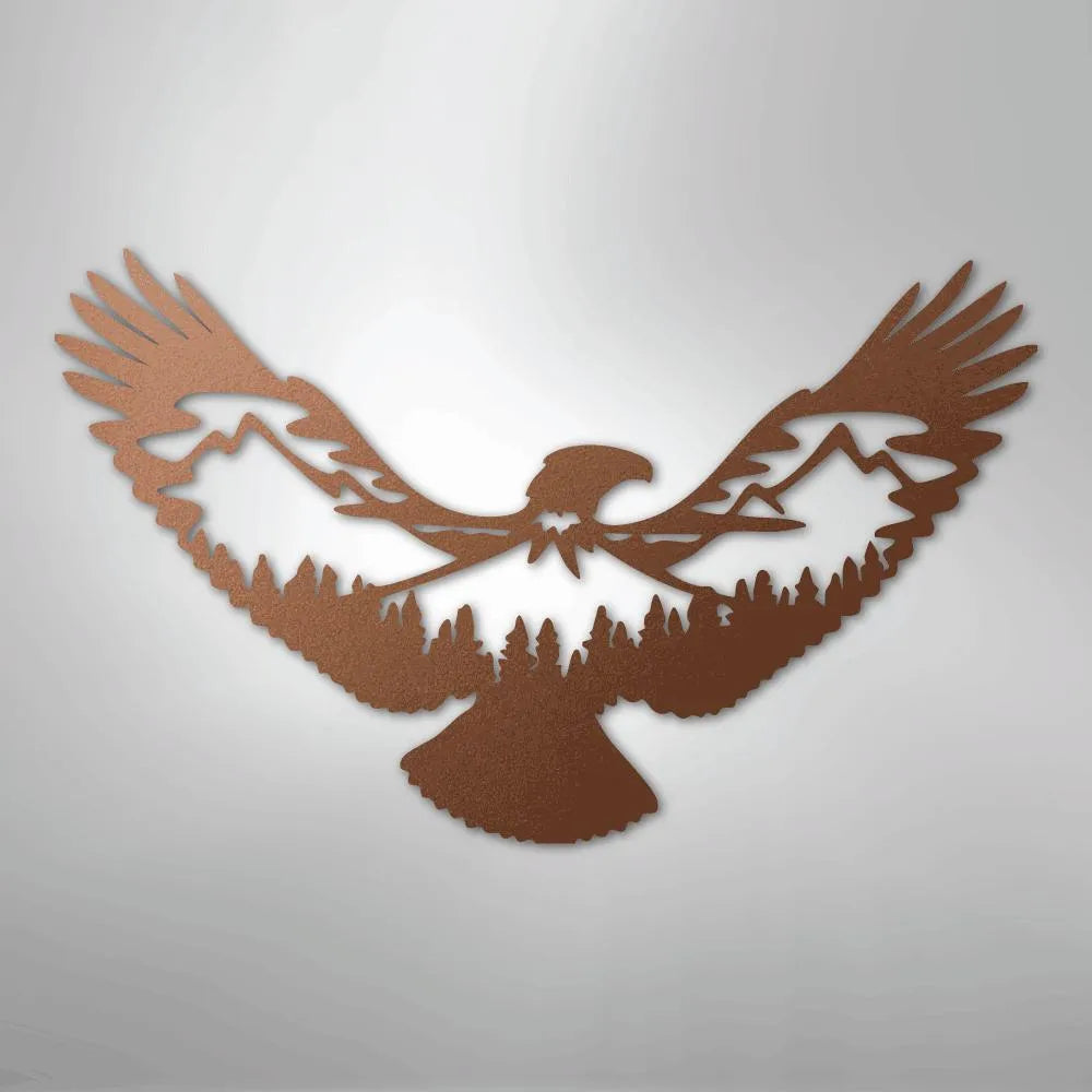 Copper-toned metal wall art featuring an eagle silhouette with mountains and pine trees.