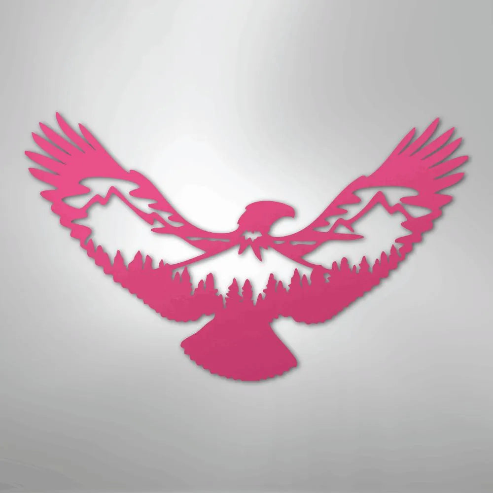 Pink metal eagle wall art with mountain and forest silhouette design.