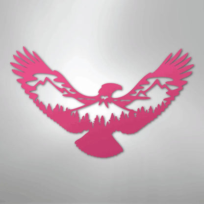 Pink metal eagle wall art with mountain and forest silhouette design.