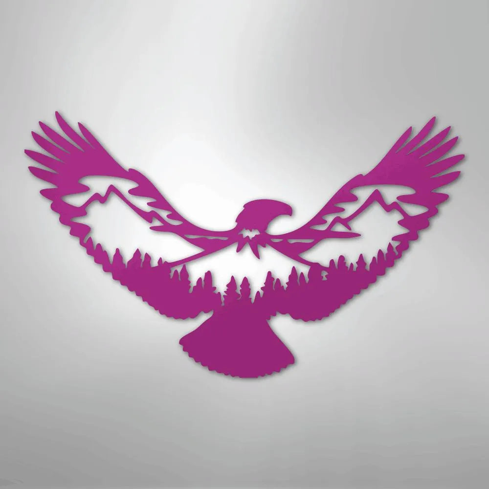Magenta metal wall art featuring an eagle silhouette with mountains and pine trees cut into its wings.